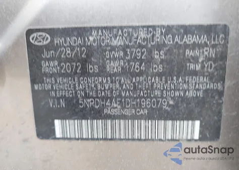 2013 Hyundai Elantra Gls/Limited z USA, uszkodzony, nr VIN 5NPDH4AE1DH196079